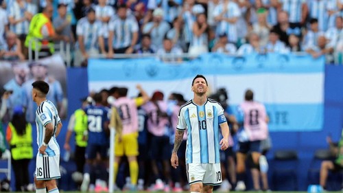 Soccer Football - FIFA World Cup 2026 - Round of 32 - Argentina v Cape Verde - Miami Stadium, Miami Gardens, Florida, U.S. - July 3, 2026 Argentinas Lionel Messi reacts after Cape Verdes Deroy Duarte scores their first goal IMAGN IMAGES via Reuters/Sam Navarro