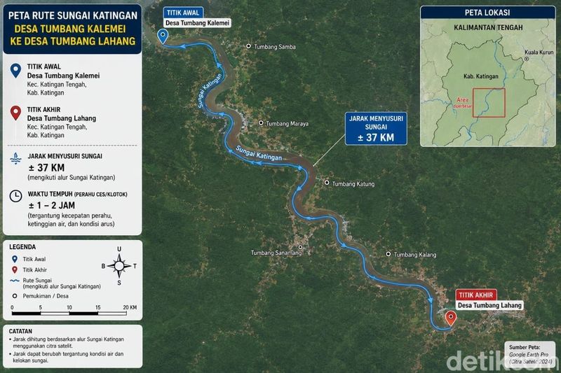 Peta Sungai Katingan lokasi hilang dan ditemukannya Bripda Nopandri.