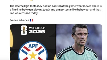 Entah bagaimana Paraguay lolos dengan nol kartu kuning, dibanding 3 kepada Prancis. Sang wasit sama sekali tidak bisa mengendalikan pertandingan, tulis akun ini. Foto: X.com