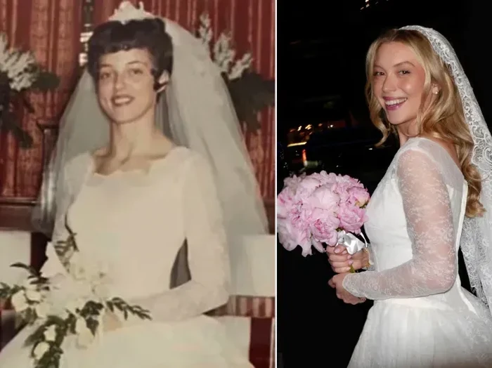 Momen haru Catherine Michelle Bartlett saat mencoba gaun pernikahan lawas sang nenek.  Busana antik ini tetap dipertahankan tanpa permak sedikit pun.
