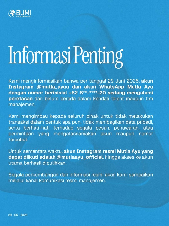 Akun Instagram Mutia Ayu diretas