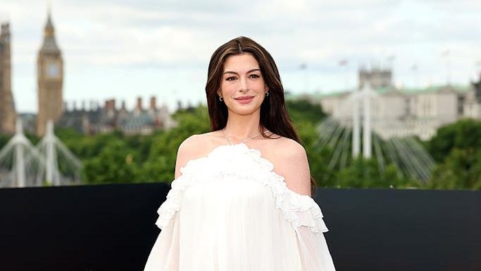 LONDON, ENGLAND - JULY 05: Anne Hathaway attends The Odyssey Photocall at the IET Building: Savoy Place on July 05, 2026 in London, England. (Photo by Shane Anthony Sinclair/Getty Images)
