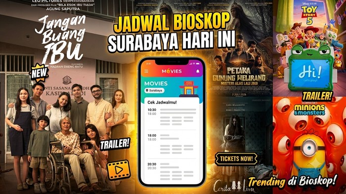 Ilustrasi jadwal bioskop Surabaya hari ini dengan 5 film trending.