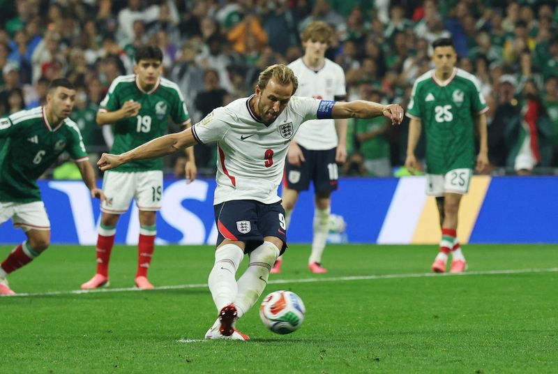 Soccer Football - FIFA World Cup 2026 - Round of 16 - Mexico v England - Estadio Azteca, Mexico City, Mexico - July 5, 2026 England's Harry Kane scores their third goal from the penalty spot REUTERS/Paul Childs