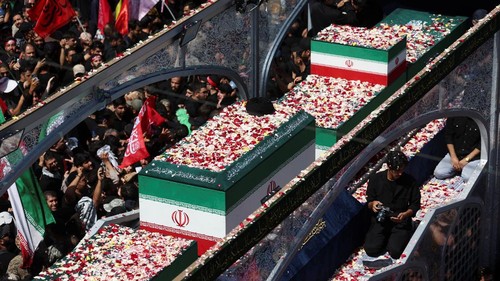 A vehicle carrying coffins of Irans late Supreme Leader Ayatollah Ali Khamenei and his family members, makes its way as people attend a funeral procession for Khamenei, who was killed on February 28 in Israeli and U.S. airstrikes, in Tehran, Iran, July 6, 2026. Majid Asgaripour/WANA (West Asia News Agency) via REUTERS  ATTENTION EDITORS - THIS PICTURE WAS PROVIDED BY A THIRD PARTY. ISRAEL OUT. NO COMMERCIAL OR EDITORIAL SALES IN ISRAEL. NO ACCESS FOR ISRAELI MEDIA. NO USE BBC PERSIAN. NO USE VOA PERSIAN. NO USE MANOTO. NO USE IRAN INTERNATIONAL. NO USE RADIO FARDA. DIGITAL: NO USE BBC PERSIAN. NO USE VOA PERSIAN. NO USE MANOTO. NO USE IRAN INTERNATIONAL. NO USE RADIO FARDA.