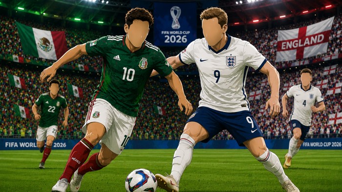Laga Meksiko vs Inggris di Piala Dunia 2026 (dibuat dengan AI)
