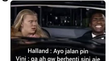 Ayo jalan, Pin. Nggak ah, gue berhenti di sini aja. Meme ini menggambarkan Vinicius Jr yang memilih turun lebih dulu karena perjalanan Brasil di Piala Dunia sudah selesai. Foto: X.com