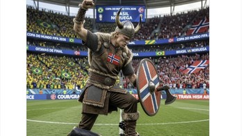 The Last Viking benar-benar menyerbu. Haaland digambarkan sebagai prajurit Viking yang sukses menaklukkan Brasil dan membawa Norwegia mencetak sejarah di Piala Dunia. Foto: X.com