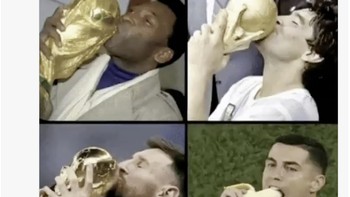 Meme membandingkan Pele, Diego Maradona, dan Lionel Messi yang mencium trofi Piala Dunia dengan Ronaldo yang justru menggigit pisang. Candaan ini menyindir koleksi trofi Piala Dunia CR7. Foto: X.com