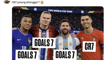 CR7 pulang di tanggal 7. Netizen menyoroti angka tujuh yang identik dengan Ronaldo. Di foto ini, Mbappe, Haaland, dan Messi sama-sama diberi label Goals 7, sementara Ronaldo diberi label CR7. Foto: X.com