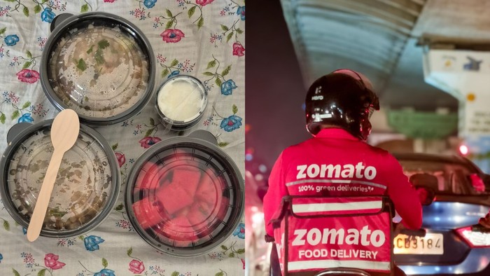 Delhi, India - 20th May 2023: Delivery boy rider from food delivery app Zomato stuck in traffic on a rainy night showing the busy lifestyle