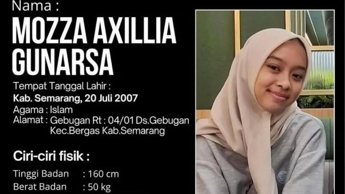Poster informasi orang hilang atas nama Mozza Axillia Gunarsa, warga Semarang. Diunggah Selasa (7/7/2026).
