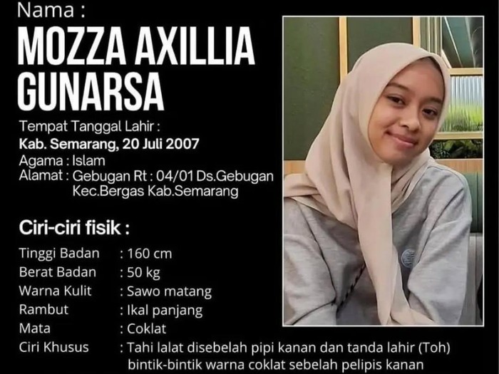 Poster informasi orang hilang atas nama Mozza Axillia Gunarsa, warga Semarang. Diunggah Selasa (7/7/2026).