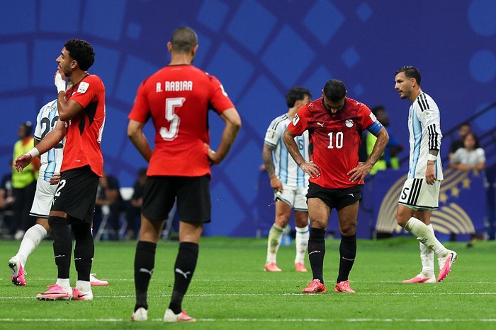 ATLANTA, GEORGIA - JULY 07: Mohamed Salah of Egypt looks on with disappointment during the FIFA World Cup 2026 Round of 16 match between Argentina and Egypt at Atlanta Stadium on July 7, 2026 in Atlanta, Georgia. (Photo by Wu Zhizhao/VCG via Getty Images)