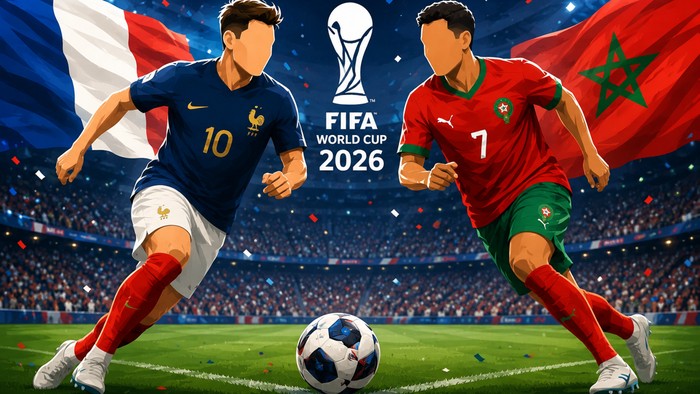 Laga Prancis vs Maroko di Piala Dunia 2026 (dibuat dengan AI)