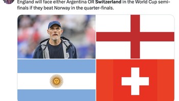 Pemenang laga Argentina dan Swiss kemungkinan menghadapi Inggris di semifinal, jika Inggris menang atas Norwegia. Foto: X.com