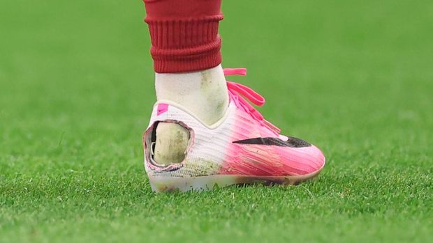 ARLINGTON, TEXAS - JULY 06:  The Nike football boots worn by Pedro Neto of Portugal with a hole cut out of the heel during the FIFA World Cup 2026 Round Of 16 match between Portugal and Spain at Dallas Stadium on July 06, 2026 in Arlington, Texas. (Photo by Catherine Ivill - AMA/Getty Images)