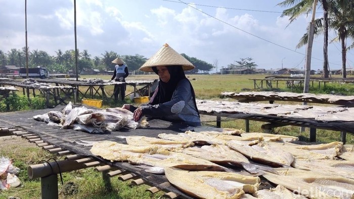 Perajin ikan asin jambal roti di Pantai Timur Pangandaran.