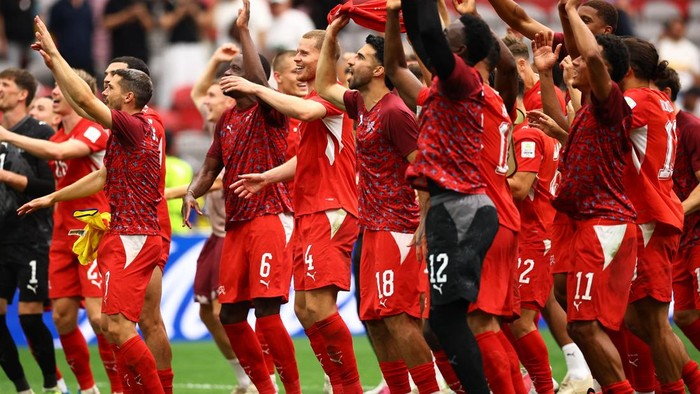 Soccer Football - FIFA World Cup 2026 - Round of 16 - Switzerland v Colombia - BC Place, Vancouver, Canada - July 7, 2026 Switzerland players celebrate after the match REUTERS/Agustin Marcarian