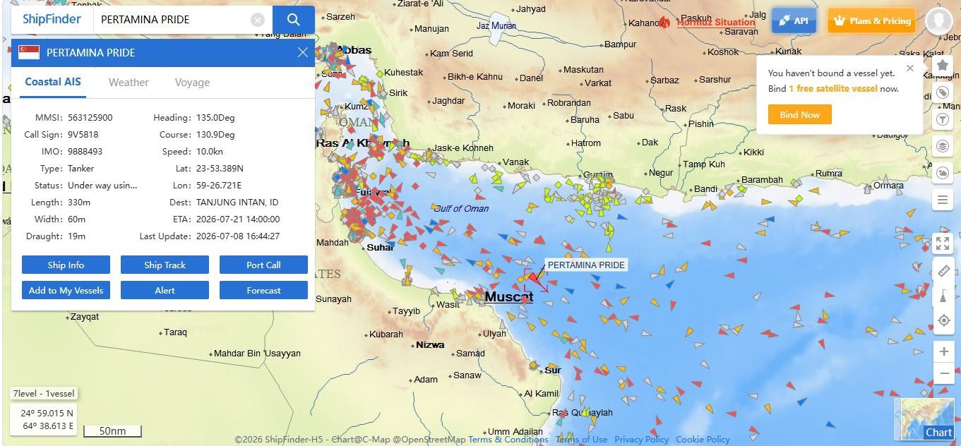 Update kapal VLCC Pertamina Pride per Rabu, 8 Juli 2026. (Dok. Ship Finder)