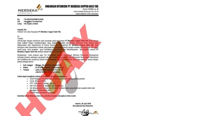 Waspada penipuan lowongan kerja Merdeka Copper Gold. Pencari kerja diminta memverifikasi lowongan kerja resmi melalui saluran komunikasi resmi perusahaan.