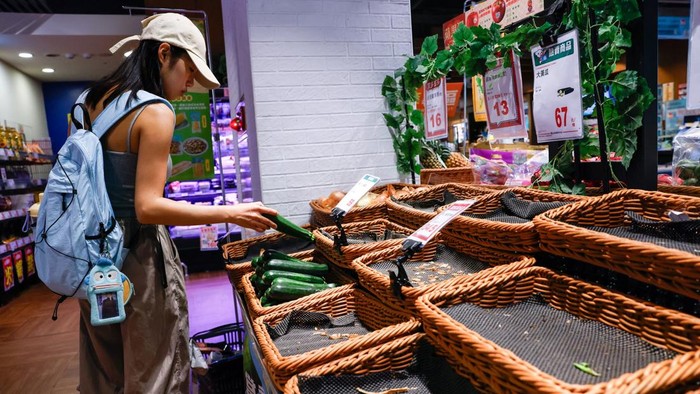 Instant noodle shelves are partially emptied as residents stock up on supplies ahead of the arrival of Typhoon Bavi in Taipei, Taiwan, July 9, 2026. REUTERS/Ann Wang