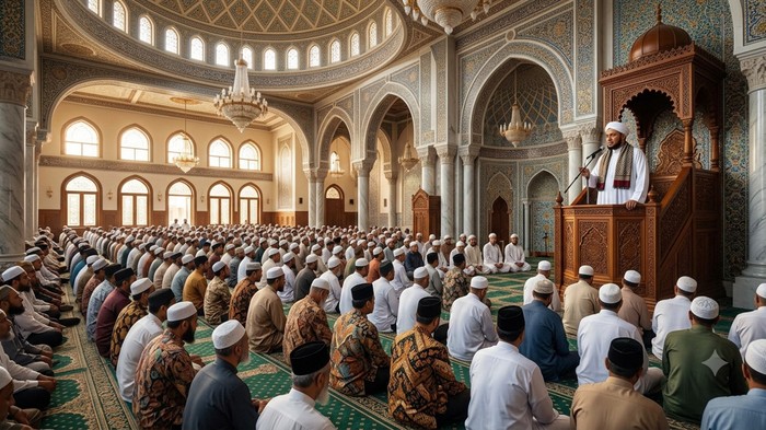 Ilustrasi jemaah sholat Jumat mendengarkan khutbah.