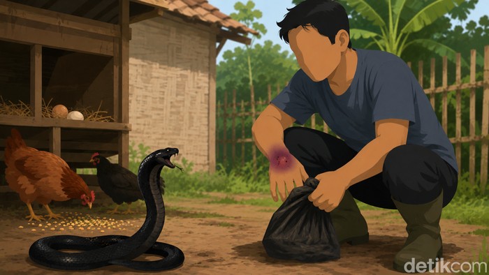 Ilustrasi orang dipatuk ular hitam.