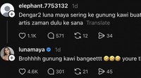 Hal tersebut ditanggapi Luna Maya dalam akun Threads miliknya. Dengar2 luna maya sering ke gunung kawi buat awet muda dan kaya. Banyak artis zaman dulu ke sana, kata akun elepen****. Brohhhh gunung kawi bangeettt 🤣🤣🤣 youre the best lah... hahaha, jawaban Luna Maya dilihat detikcom, Kamis (9/7/2026). Foto: dok Threads Luna Maya