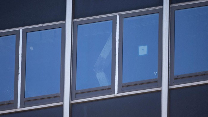 One of the buckled columns of a building on 42nd Street which was reported to have structural issues in New York City, U.S., July 8, 2026. REUTERS/Jordan Tovin