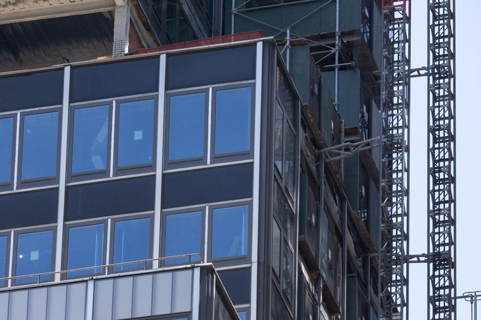 NEW YORK-BUILDING/ One of the buckled columns of a building on 42nd Street which was reported to have structural issues in New York City, U.S., July 8, 2026. REUTERS/Jordan Tovin