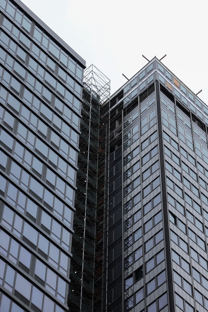 One of the buckled columns of a building on 42nd Street which was reported to have structural issues in New York City, U.S., July 8, 2026. REUTERS/Jordan Tovin