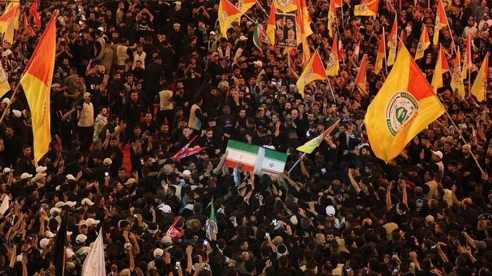People carry the coffin of Iran's late Supreme Leader Ayatollah Ali Khamenei, who was killed on February 28 in Israeli and U.S. airstrikes, during his funeral procession, in Karbala, Iraq, July 9, 2026. REUTERS/Ahmed Saad