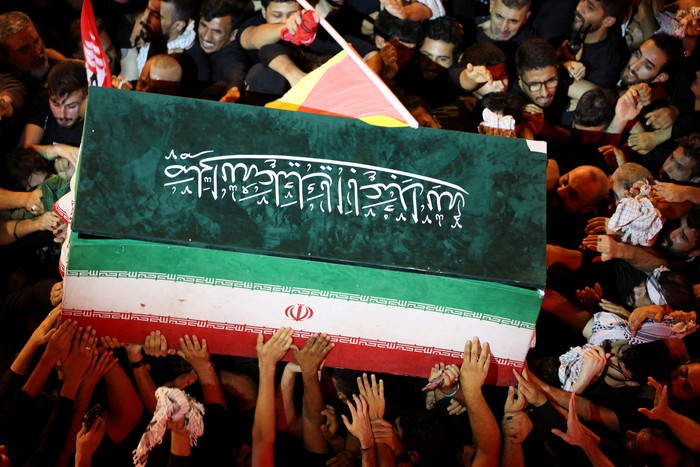 People carry the coffin of Irans late Supreme Leader Ayatollah Ali Khamenei, who was killed on February 28 in Israeli and U.S. airstrikes, during his funeral procession, in Karbala, Iraq, July 9, 2026. REUTERS/Ahmed Saad     TPX IMAGES OF THE DAY
