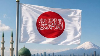 Meme dengan foto AI bendera Jepang versi Islam dengan kaligrafi kalimat syahadat. Foto: Thread
