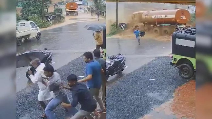 Screenshot video viral yang menunjukkan terjangan longsor besar menghanyutkan sebuah truk bahan bakar di Kerala, India (NDTV) 