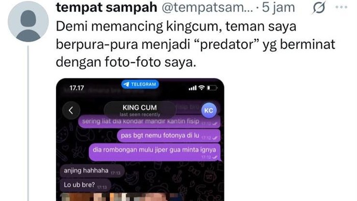 Tangkapan layar kiriman di X yang mengungkap dugaan pelecehan seksual oleh mahasiswa Fakultas Hukum Universitas Brawijaya Malang.