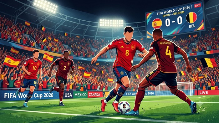 Visualisasi ilustrasi Spanyol vs Belgia di Piala Dunia 2026. (dibuat menggunakan Gemini AI)