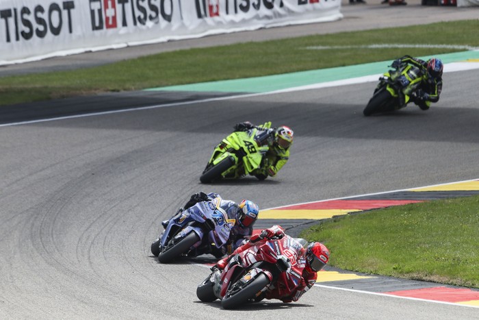 HOHENSTEIN-ERNSTTHAL, GERMANY - JULY 11: Marc Marquez of Spain riding the Lenovo Ducati (93) on track during the Tissot Sprint Race at Sachsenring Circuit on July 11, 2026 in Hohenstein-Ernstthal, Germany. (Photo by Gold & Goose Photography/Getty Ima