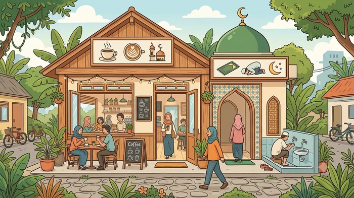 Ilustrasi kafe di Surabaya dengan fasilitas mushola.