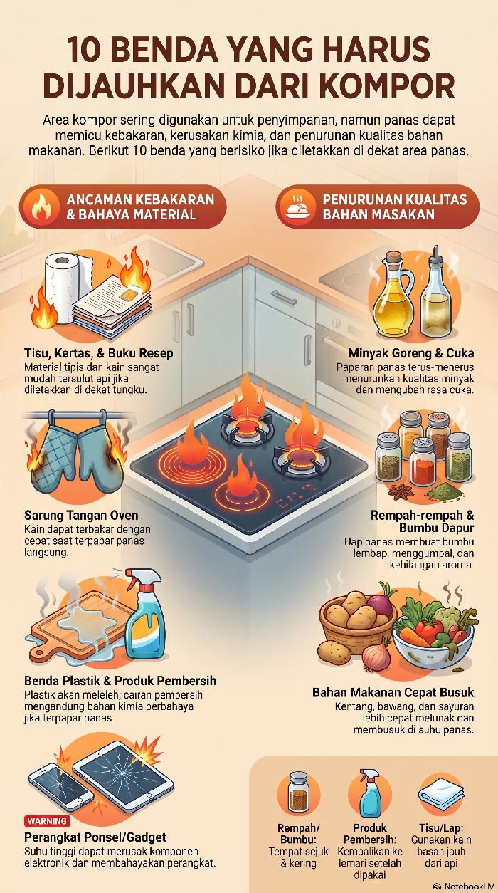 Infografis benda yang dilarang diletakkan di dekat kompor
