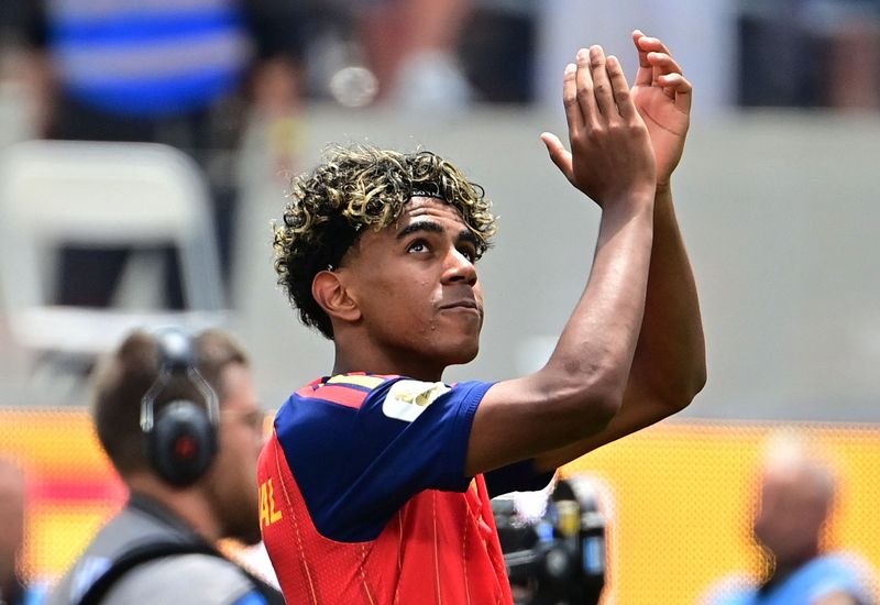 Lamine Yamal Soccer Football - FIFA World Cup 2026 - Quarter Final - Spain v Belgium - Los Angeles Stadium, Inglewood, California, U.S. - July 10, 2026 Spain's Lamine Yamal celebrates after the match as Spain qualify for the semi final stage of the World Cup IMAGN IMAGES via Reuters/Gary Vasquez