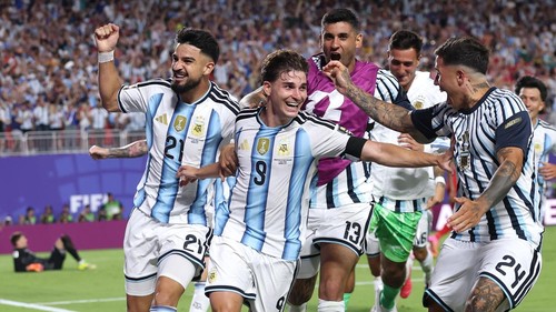 KANSAS CITY, MISSOURI - JULY 11: Julian Alvarez #9 of Argentina celebrates with teammates after scoring his teams second goal during the FIFA World Cup 2026 Quarter Final match between Argentina and Switzerland at Kansas City Stadium on July 11, 2026 in Kansas City, Missouri. (Photo by Carl Recine/Getty Images)