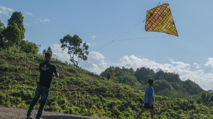 Sejumlah peserta mengamati layang-layang Kaghati Kolope yang diterbangkan di Pelataran Lapego, Desa Liang Kabori, Kabupaten Muna, Sulawesi Tenggara, Minggu (12/7/2026). Pemkab Muna menggelar lomba layang-layang yang terbuat dari bahan daun ubi hutan (kolope) yang dirangkaikan dengan bambu dan tali dari serat buah nanas tersebut sebagai upaya menjaga tradisi dan menggaungkan kembali warisan leluhur kepada generasi muda di wilayah itu. ANTARA FOTO/Andry Denisah/bar