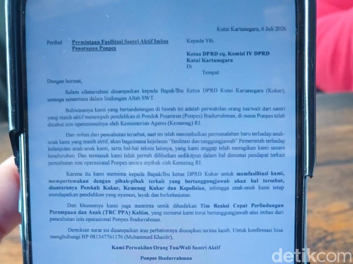 Surat dari wali santri Ponpes Ibadurrahman Kutai Kartanegara.