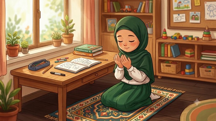 Ilustrasi anak sekolah berdoa sebelum belajar.