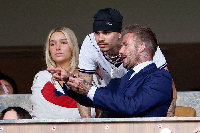 MIAMI GARDENS, FLORIDA - JULY 11: Harper Beckham, Romeo Beckham and Sir David Beckham in the stand during the FIFA World Cup 2026 Quarter Final match between Norway and England at Miami Stadium on July 11, 2026 in Miami Gardens, United States. (Photo by Richard Sellers/Sportsphoto/Allstar via Getty Images)