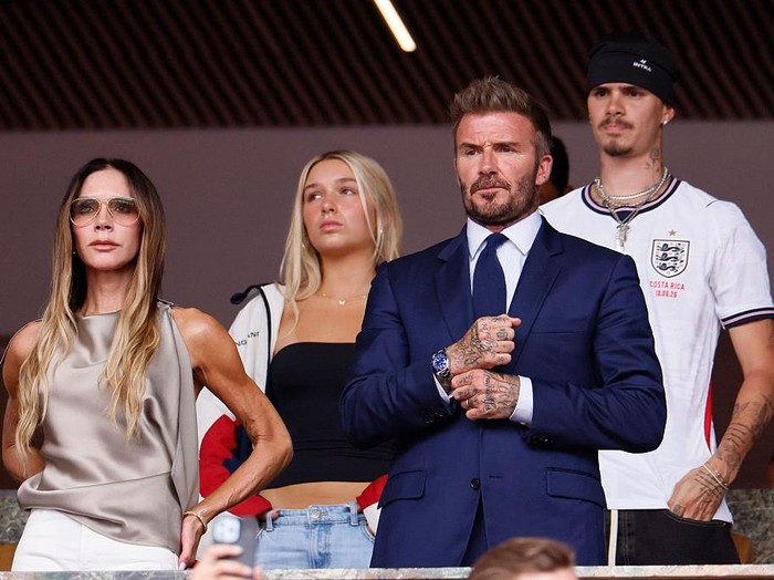 MIAMI GARDENS, FLORIDA - JULY 11: Victoria Beckham, Harper Beckham, Sir David Beckham and Romeo Beckham in the stand during the FIFA World Cup 2026 Quarter Final match between Norway and England at Miami Stadium on July 11, 2026 in Miami Gardens, Florida. (Photo by Richard Sellers/Sportsphoto/Allstar via Getty Images)