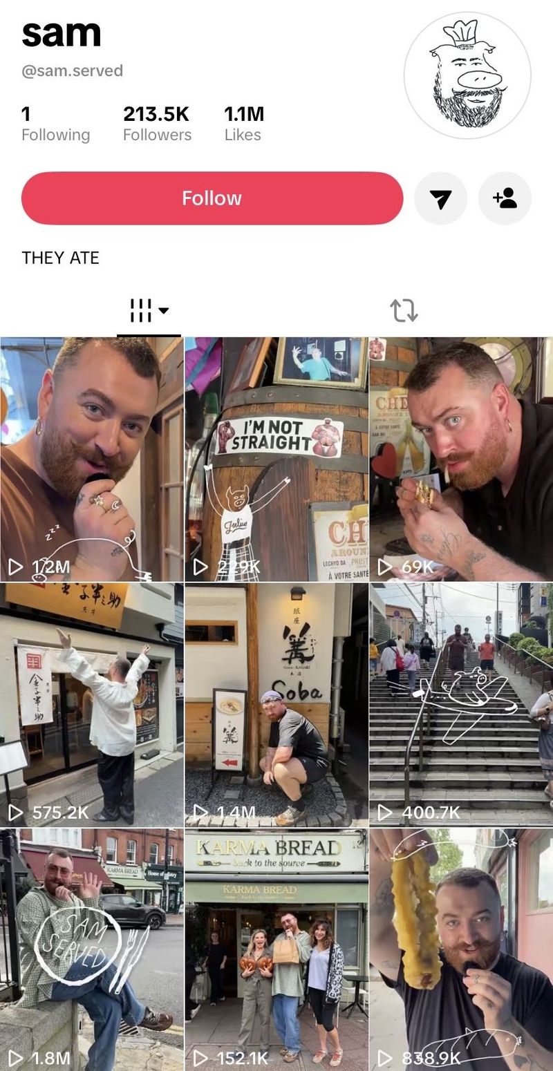 Sam Smith buka akun TikTok @sam.served khusus kuliner