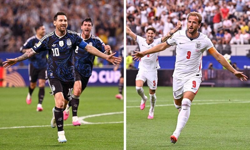 COMBO-FBL-WC-2026-ENG-ARG (COMBO) This combination of file photos created on July 12, 2026, shows Argentina's forward #10 Lionel Messi in Arlington on June 27, 2026 (L),ja and England's forward #09 Harry Kane in Arlington on June 17, 2026. England and Argentina will meet in a 2026 World Cup semi-final football match at the Atlanta Stadium in Atlanta on July 15, 2026. (Photo by Paul ELLIS / AFP)